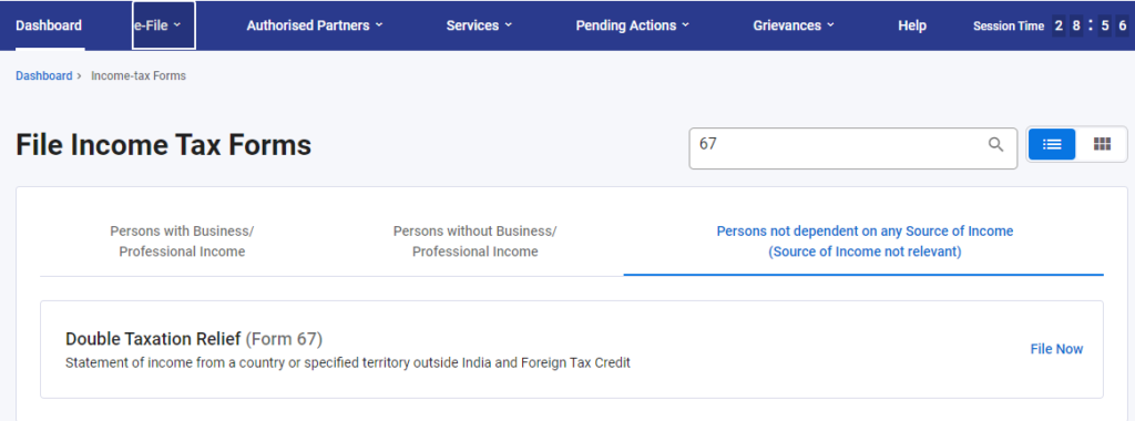 Form 67- Double Taxation Relief